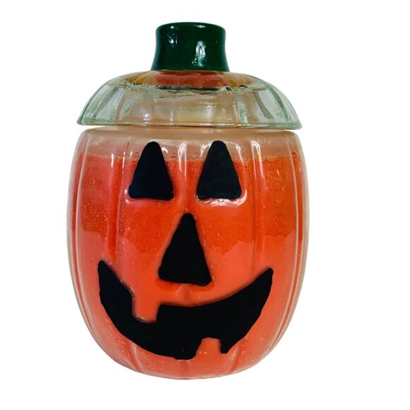 Halloween Glass Pumpkin Jack-O-Lantern Orange Candle Air Tight Holder 8" VTG - Picture 1 of 14